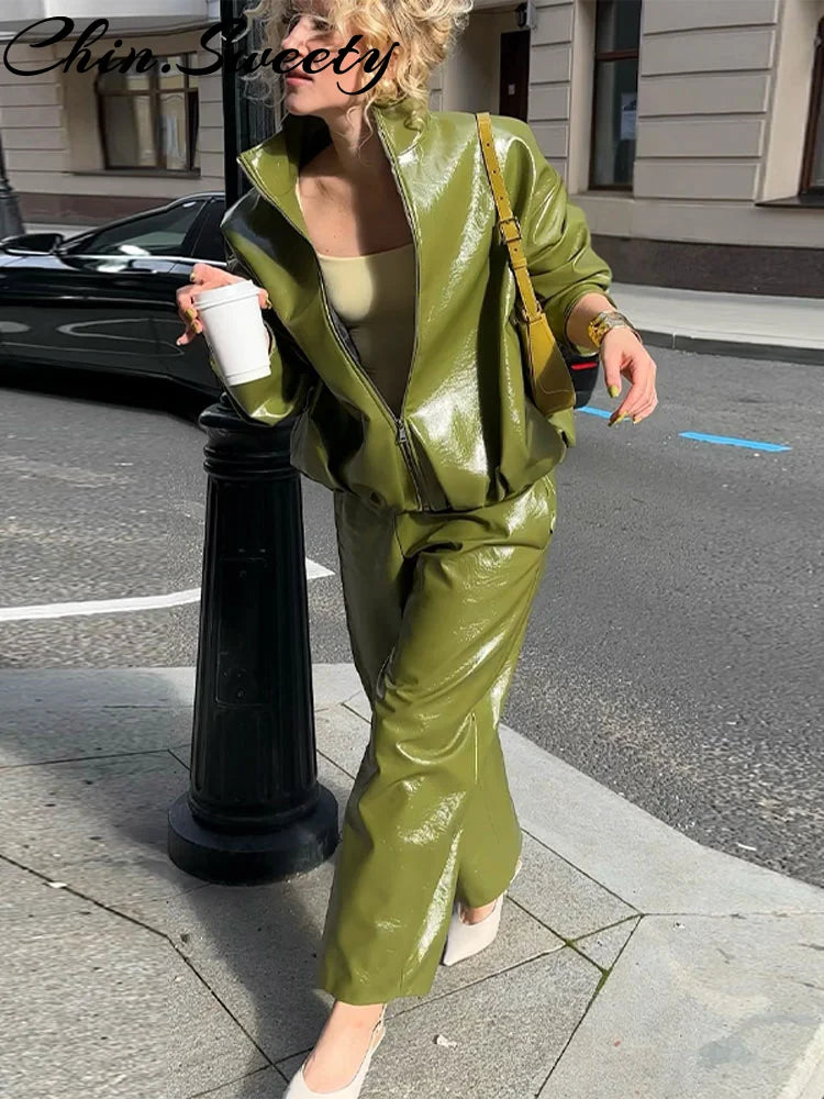 Y2K Pu Leather Women Skirt Set Street Solid Long Sleeve Stand Zippers Jacket Split Skirts 2025 Autumn Fashion Lady Outfit