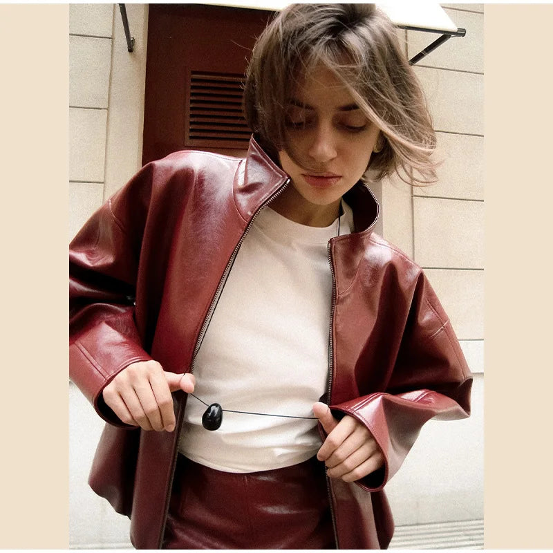 Y2K Pu Leather Women Skirt Set Street Solid Long Sleeve Stand Zippers Jacket Split Skirts 2025 Autumn Fashion Lady Outfit