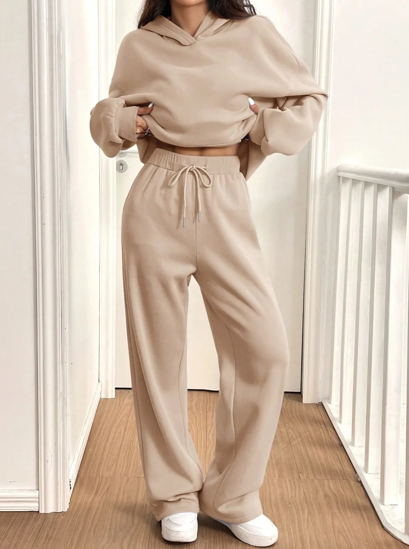 Simplicity Women's Outfits Two Piece Sport Set Long Sleeve Loose Hoodies Lace-up High Waist Straight Pant Sets Solid Tracksuits