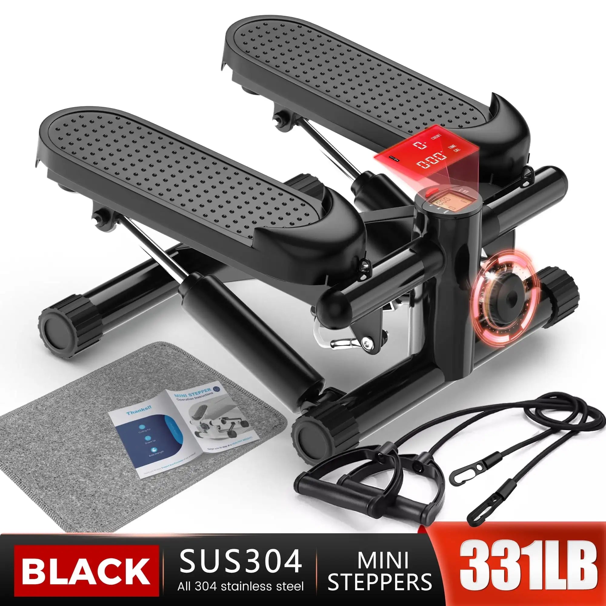 Opmukin Mini Steppers for Exercise, Mute The Sound with Resistance Bands, 331lbs Loading Capacity, Digital Monitor