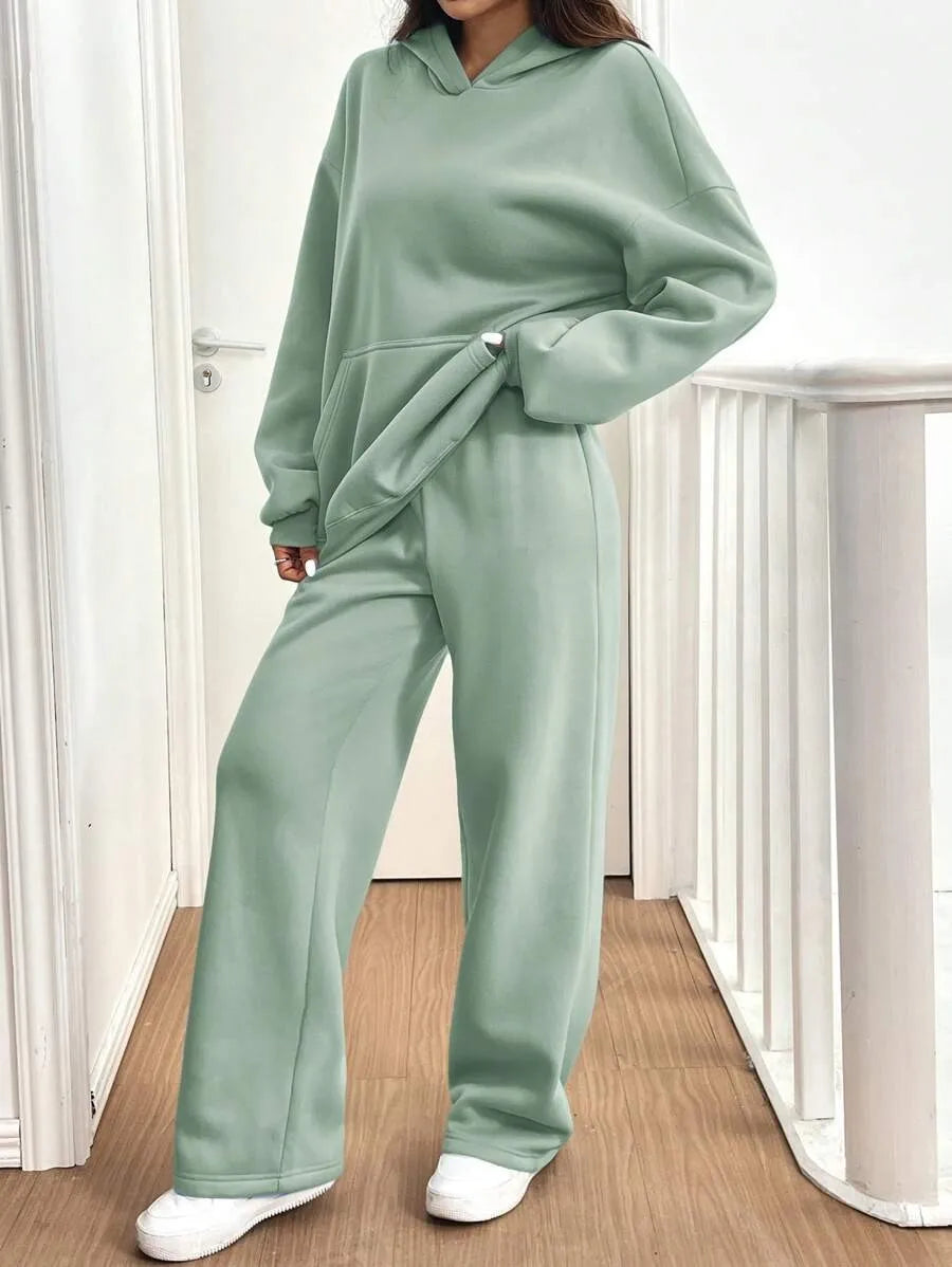 Simplicity Women's Outfits Two Piece Sport Set Long Sleeve Loose Hoodies Lace-up High Waist Straight Pant Sets Solid Tracksuits