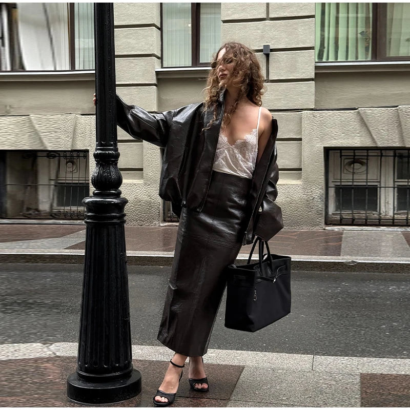 Y2K Pu Leather Women Skirt Set Street Solid Long Sleeve Stand Zippers Jacket Split Skirts 2025 Autumn Fashion Lady Outfit