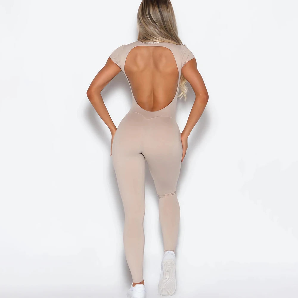 2025 Women Open Back Tee Bodysuit Bum Backless Seamless Gym Wear Short Sleeve One Piece Yoga Set Gym Outfit Overalls Jumpsuit