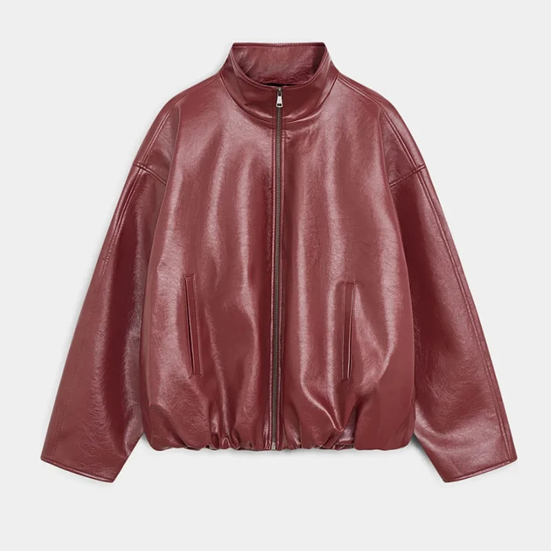 Y2K Pu Leather Women Skirt Set Street Solid Long Sleeve Stand Zippers Jacket Split Skirts 2025 Autumn Fashion Lady Outfit