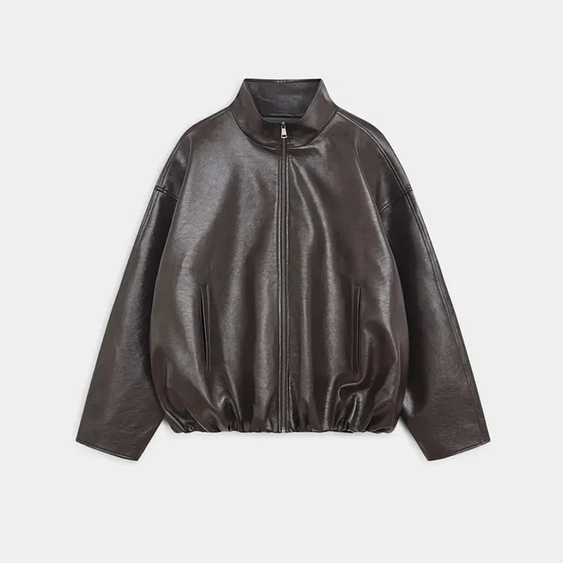 Y2K Pu Leather Women Skirt Set Street Solid Long Sleeve Stand Zippers Jacket Split Skirts 2025 Autumn Fashion Lady Outfit