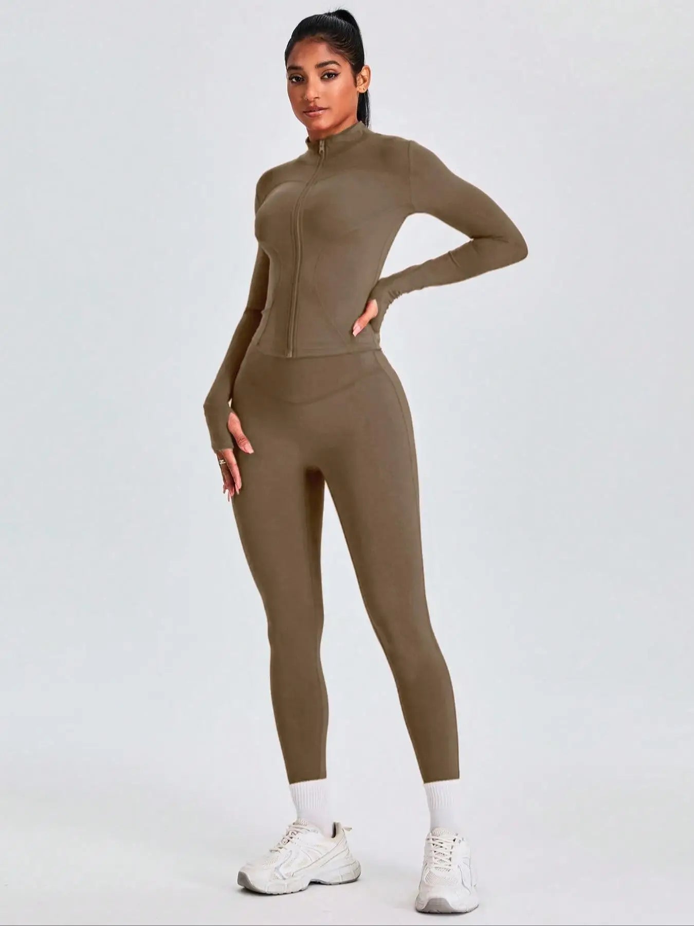 Fitfemme Two-piece Set Women's Solid Zip UpMock Neck Sports Jacket & HighWaist Leggings Set, SportyBreathable Quick Drying