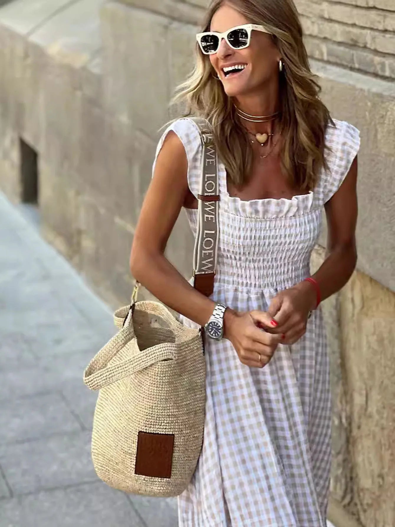 Women's Fashion summer outfits Retro Plaid Smocked Flounce Dress Dress Spaghetti Strap Flounce Long Dress