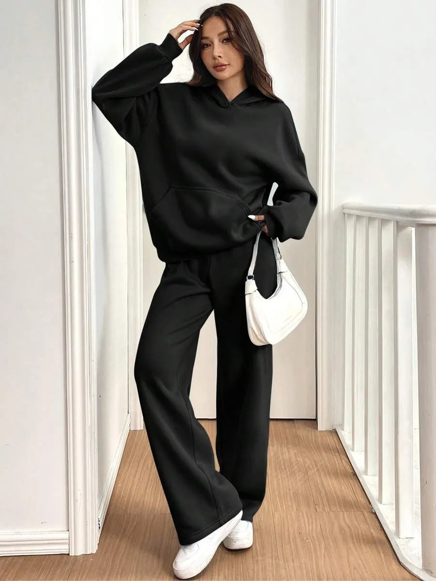 Simplicity Women's Outfits Two Piece Sport Set Long Sleeve Loose Hoodies Lace-up High Waist Straight Pant Sets Solid Tracksuits