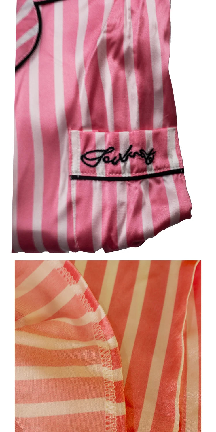 Pajama Sets Woman 7Pcs/Set Pyjamas Sexy Pink Striped Sleepwear Sumptuous Cute Loungewear