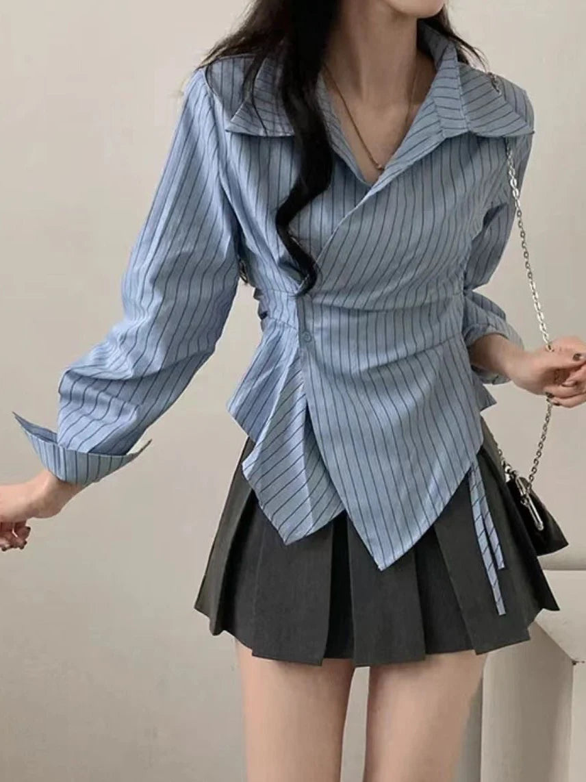 Korean Design Irregular Waist-Cinching Autumn Striped College Sle Long Sve Slimming Top Women's Faion Polyester irt