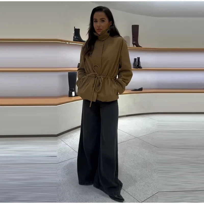 Casual Invisible Button Drawstring Short Parka Women Lapel Single Breasted Full Sleeve Solid Street Jacket 2025 Autumn Lady Coat