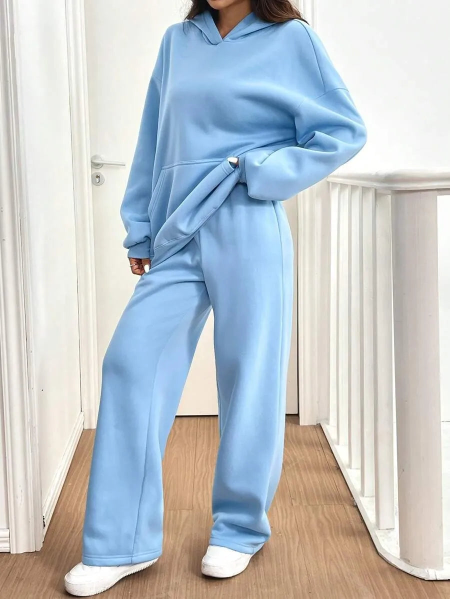 Simplicity Women's Outfits Two Piece Sport Set Long Sleeve Loose Hoodies Lace-up High Waist Straight Pant Sets Solid Tracksuits
