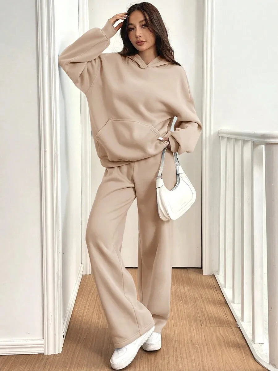 Simplicity Women's Outfits Two Piece Sport Set Long Sleeve Loose Hoodies Lace-up High Waist Straight Pant Sets Solid Tracksuits