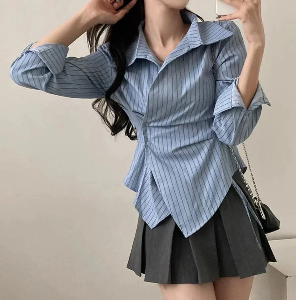 Korean Design Irregular Waist-Cinching Autumn Striped College Sle Long Sve Slimming Top Women's Faion Polyester irt