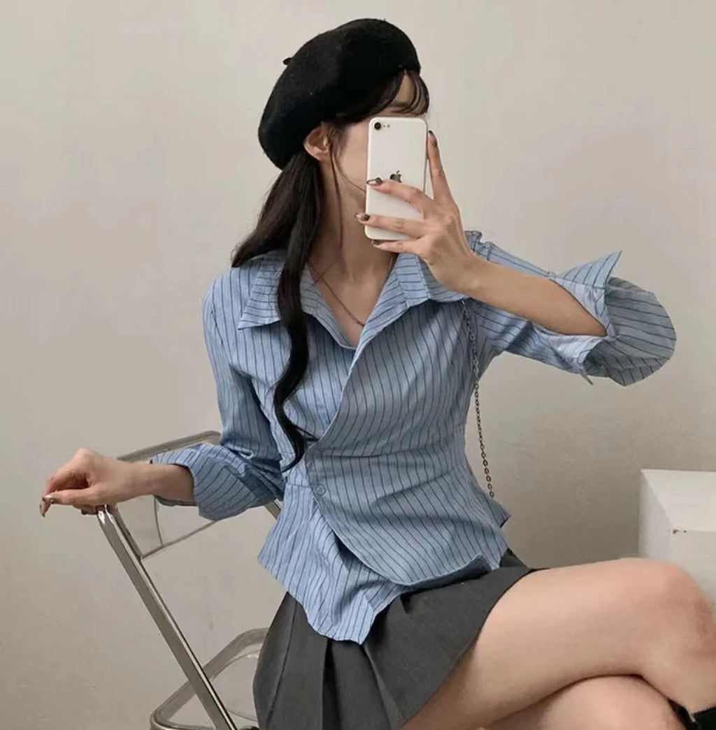 Korean Design Irregular Waist-Cinching Autumn Striped College Sle Long Sve Slimming Top Women's Faion Polyester irt