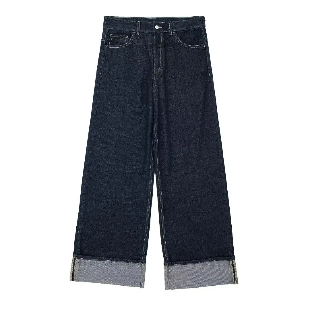 HH Women Fashion Denim Set Casual Lapel Long Sleeve Crop Jacket Buttons Female Vintage Wide Leg Loose Jeans Long Pants
