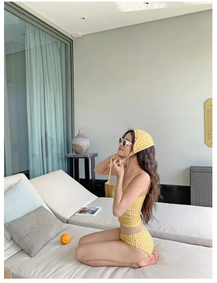 New 2025 Three-Piece Swimsuit Slimming Cover-Up Holiday Beauty Checkered Pattern Conservative Korean Style Bikini Set