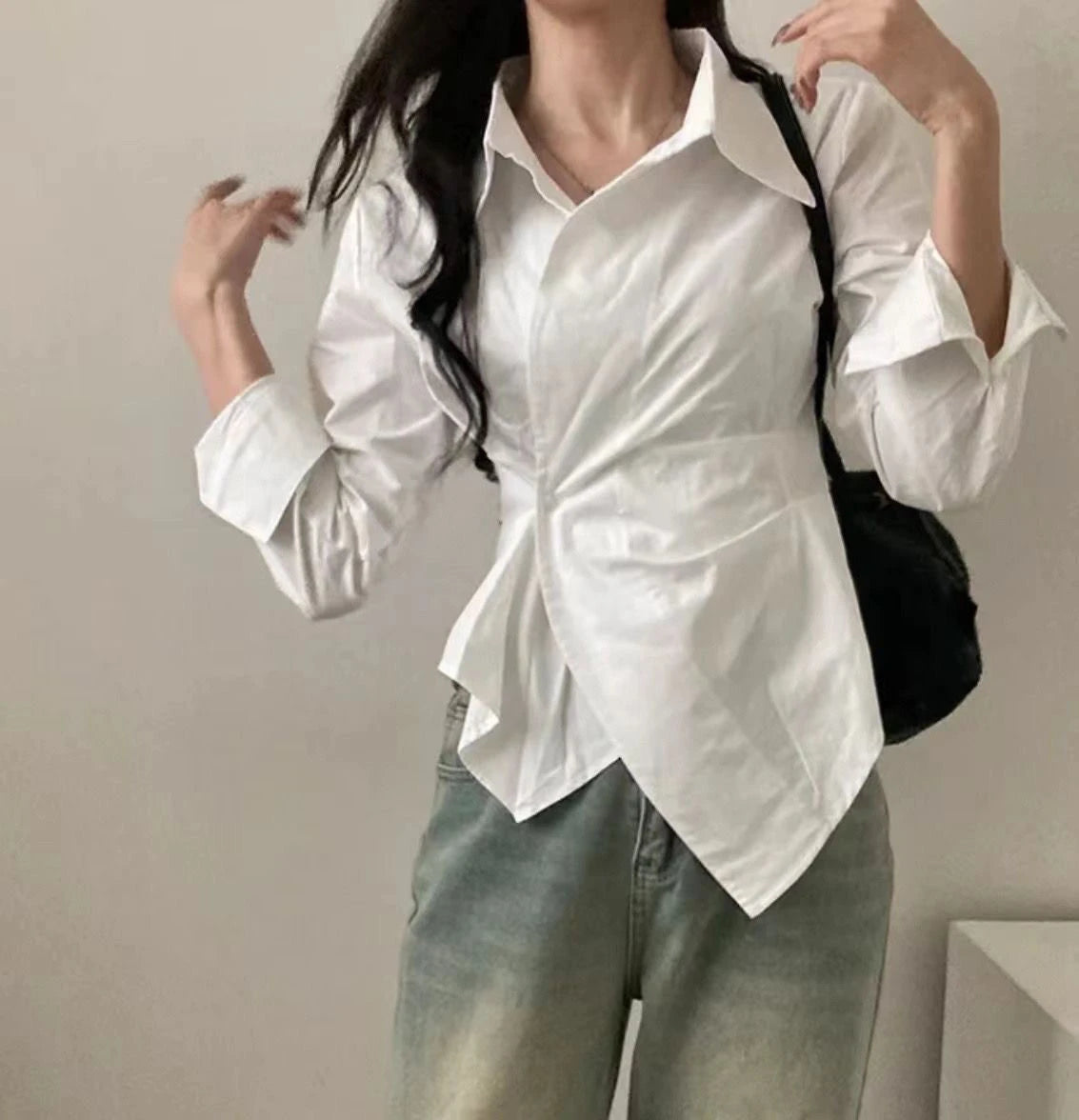 Korean Design Irregular Waist-Cinching Autumn Striped College Sle Long Sve Slimming Top Women's Faion Polyester irt