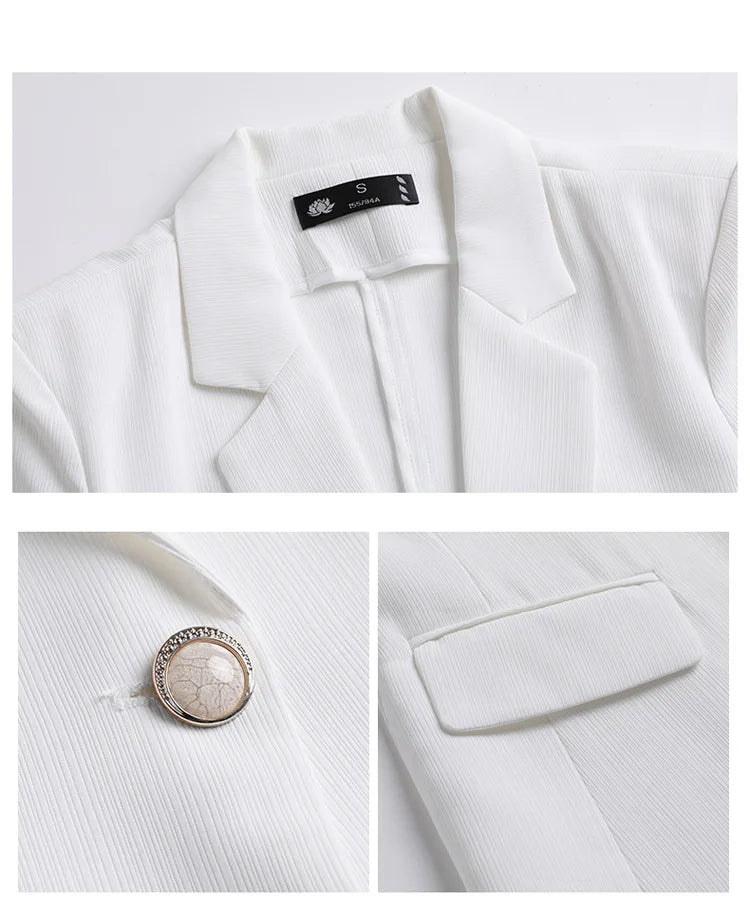 Office Pant Suits for Women Three Quarter Streetwear Casual Two Piece Set 2024 New Spring Summer Single Button Solid Pant Suits