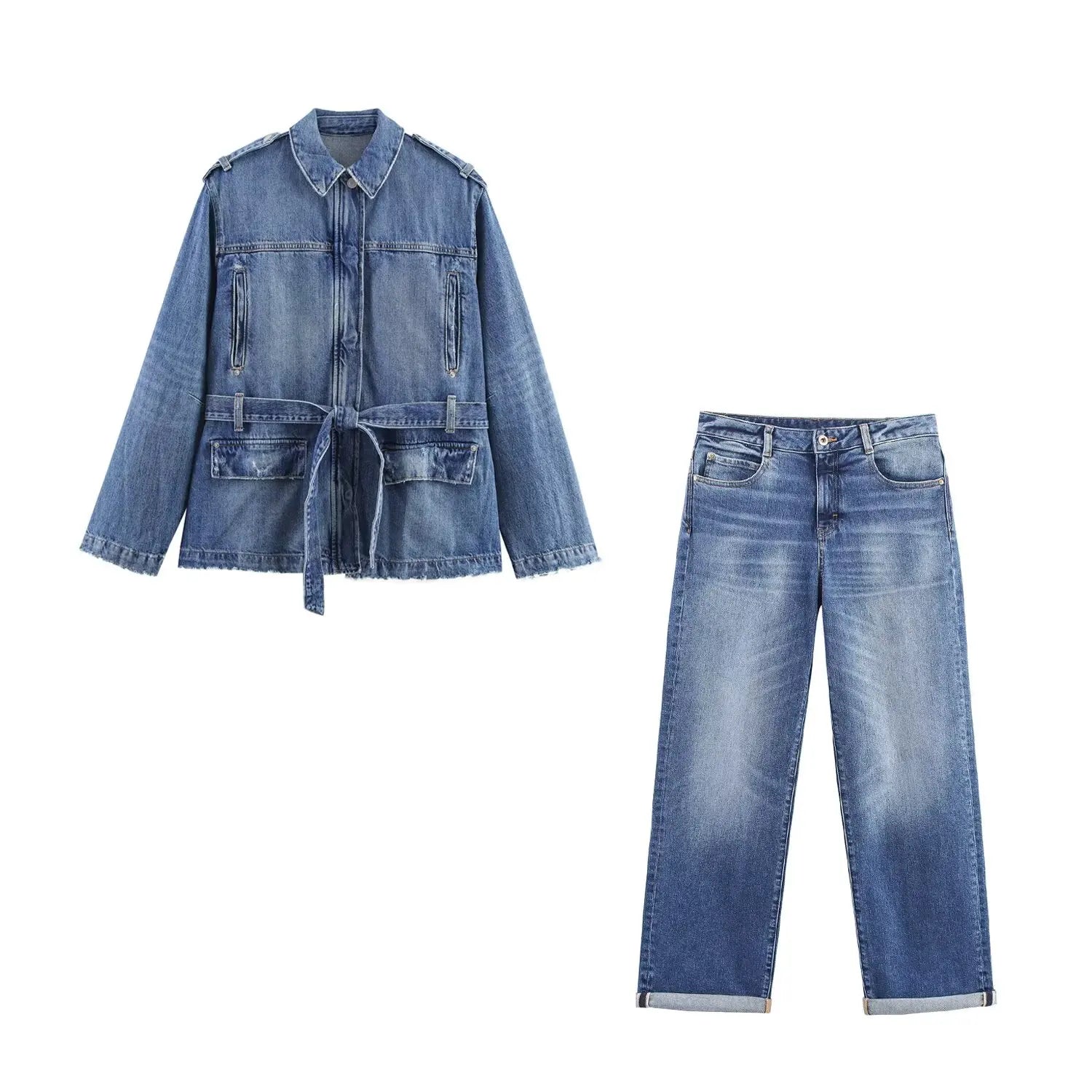 HH Women Denim Pant Sets Long Sleeves Belt Turn-Down Collar Coats+Loose Zipper Pockets High Waist Hemming Autumn Trousers
