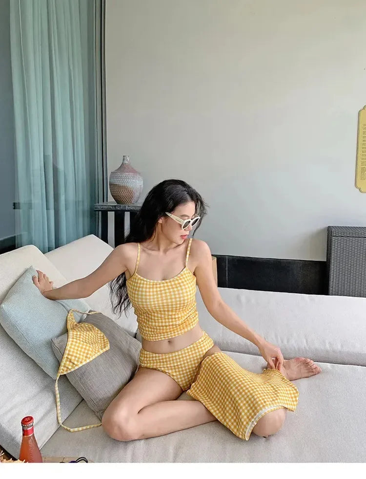 New 2025 Three-Piece Swimsuit Slimming Cover-Up Holiday Beauty Checkered Pattern Conservative Korean Style Bikini Set