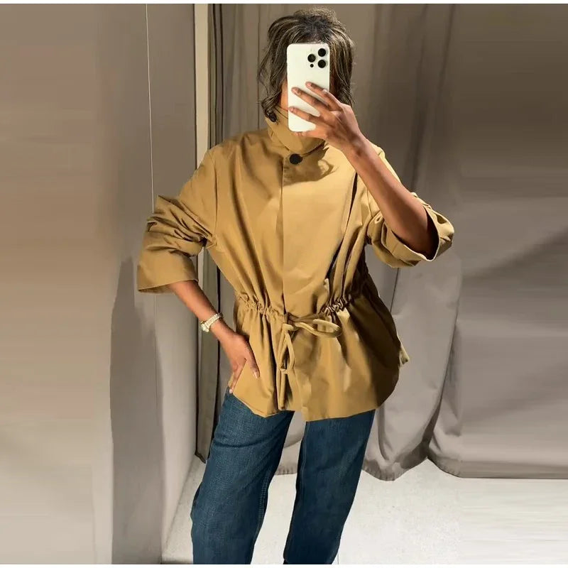 Casual Invisible Button Drawstring Short Parka Women Lapel Single Breasted Full Sleeve Solid Street Jacket 2025 Autumn Lady Coat