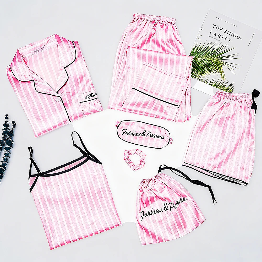 Pajama Sets Woman 7Pcs/Set Pyjamas Sexy Pink Striped Sleepwear Sumptuous Cute Loungewear