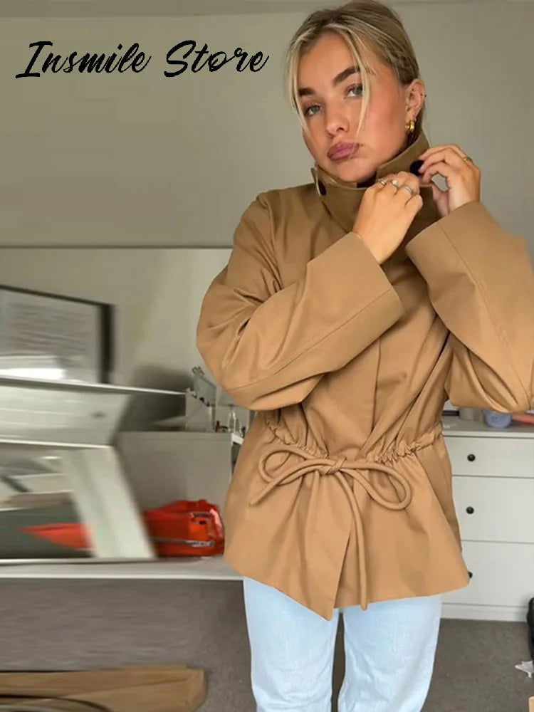 Casual Invisible Button Drawstring Short Parka Women Lapel Single Breasted Full Sleeve Solid Street Jacket 2025 Autumn Lady Coat