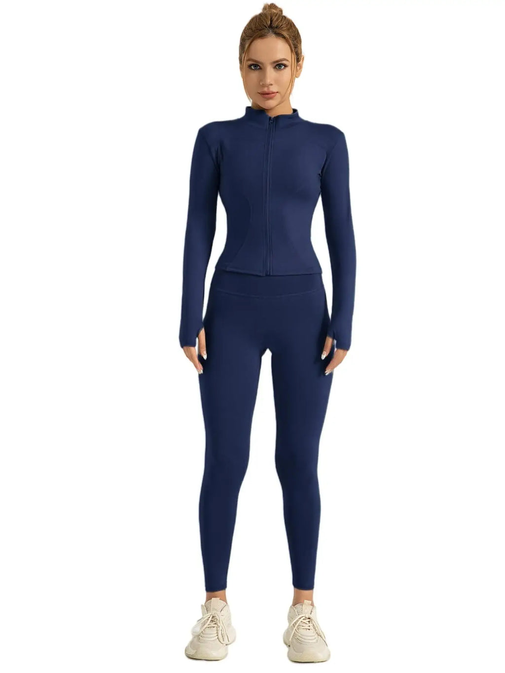 Fitfemme Two-piece Set Women's Solid Zip UpMock Neck Sports Jacket & HighWaist Leggings Set, SportyBreathable Quick Drying