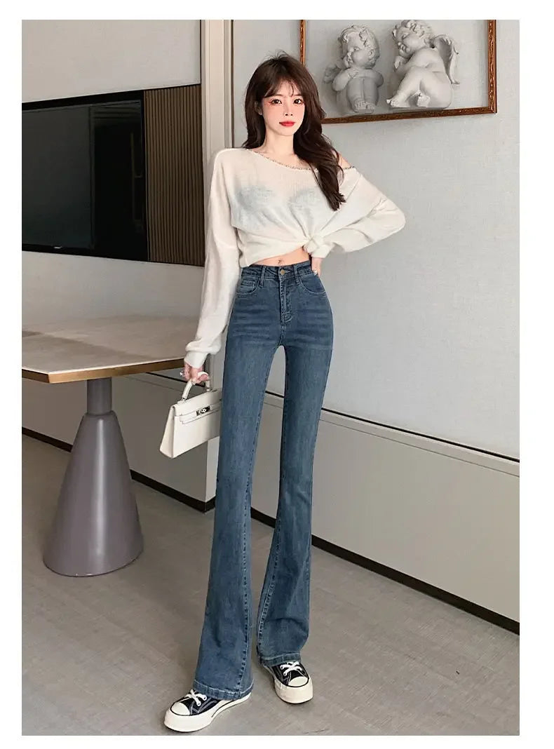 Slimming Straight-Leg Denim Jeans Women's Autumn/Winter Petite Blue Grey High Elasticity Micro Flare Shaping Smooth Silhouette