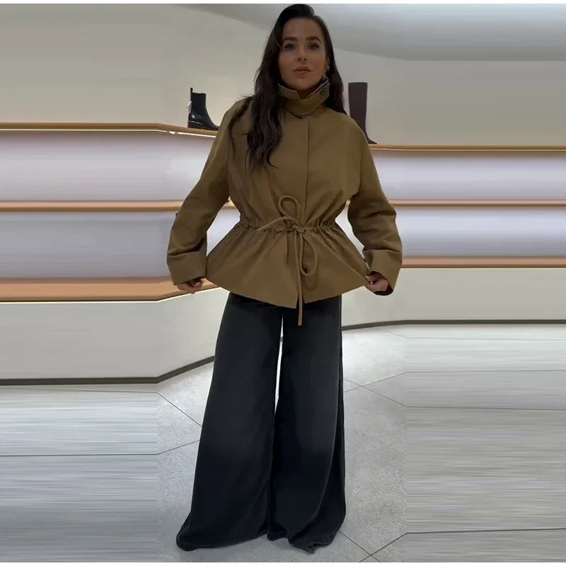 Casual Invisible Button Drawstring Short Parka Women Lapel Single Breasted Full Sleeve Solid Street Jacket 2025 Autumn Lady Coat
