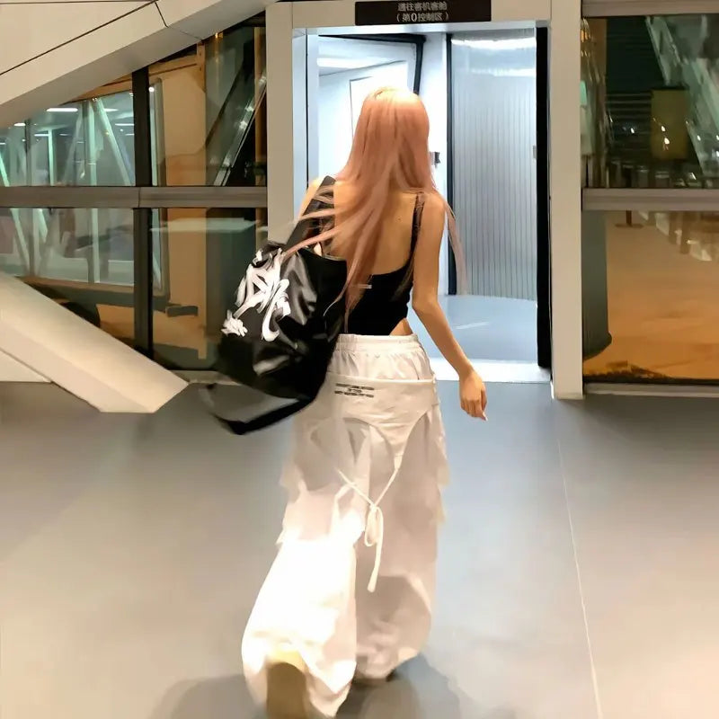 MEXZT Y2K White Cargo Pants Women Streetwear Embroidery Baggy Sweatpants Harajuku Wide Leg Joggers Summer Oversized Trousers New