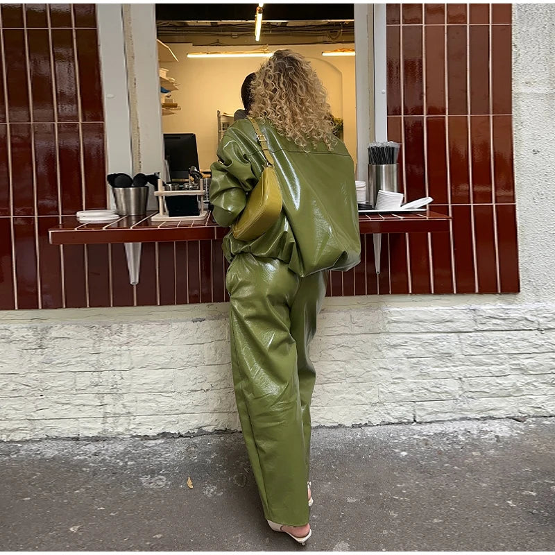 Y2K Pu Leather Women Skirt Set Street Solid Long Sleeve Stand Zippers Jacket Split Skirts 2025 Autumn Fashion Lady Outfit
