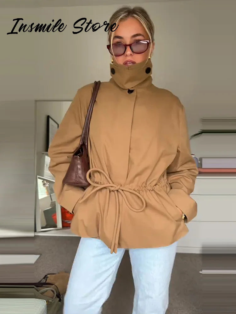 Casual Invisible Button Drawstring Short Parka Women Lapel Single Breasted Full Sleeve Solid Street Jacket 2025 Autumn Lady Coat
