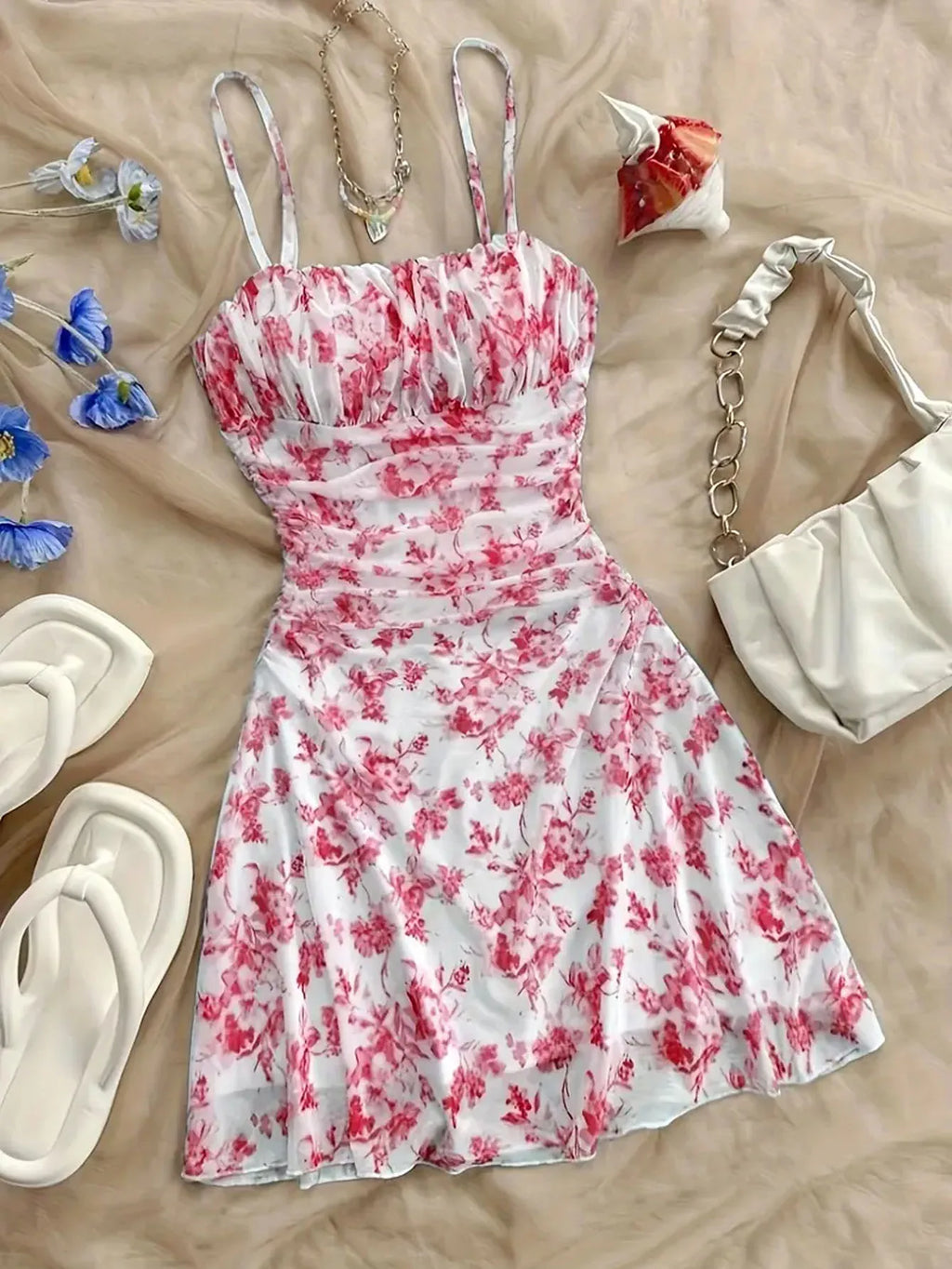 Y2K Women's Dress Floral Ruched Spaghetti Strap Sundress Mesh A Line Flowy Boho Dress