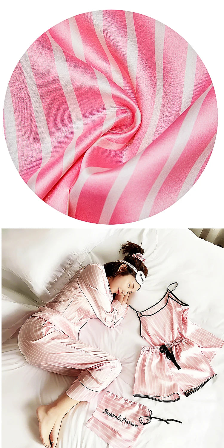 Pajama Sets Woman 7Pcs/Set Pyjamas Sexy Pink Striped Sleepwear Sumptuous Cute Loungewear