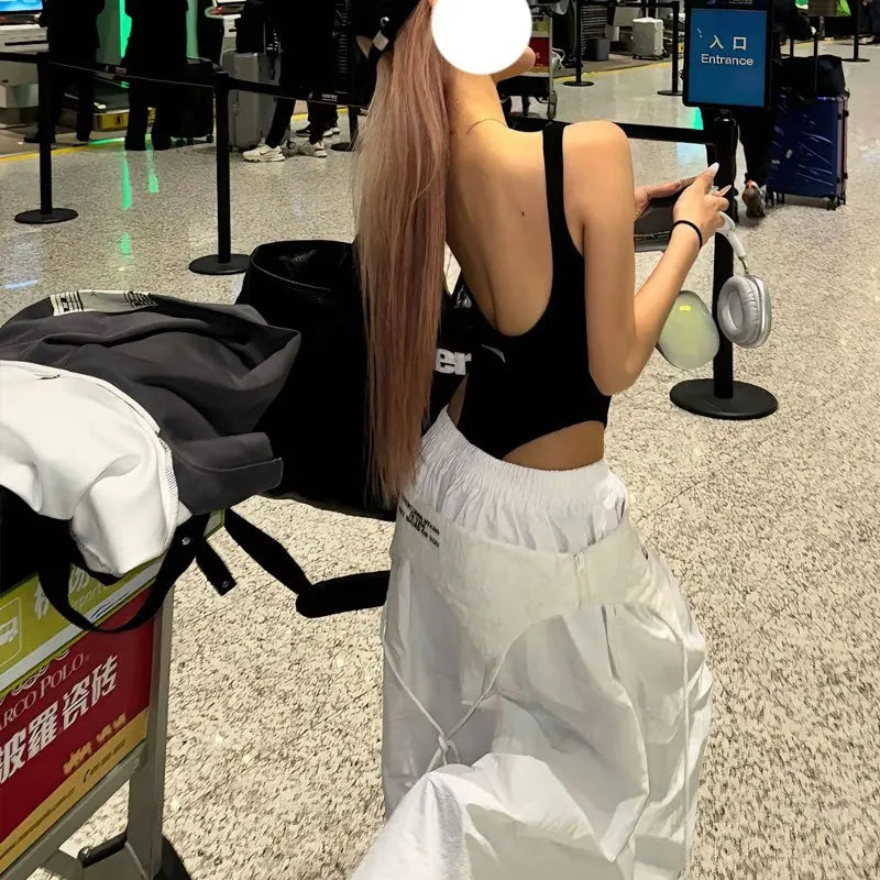 MEXZT Y2K White Cargo Pants Women Streetwear Embroidery Baggy Sweatpants Harajuku Wide Leg Joggers Summer Oversized Trousers New