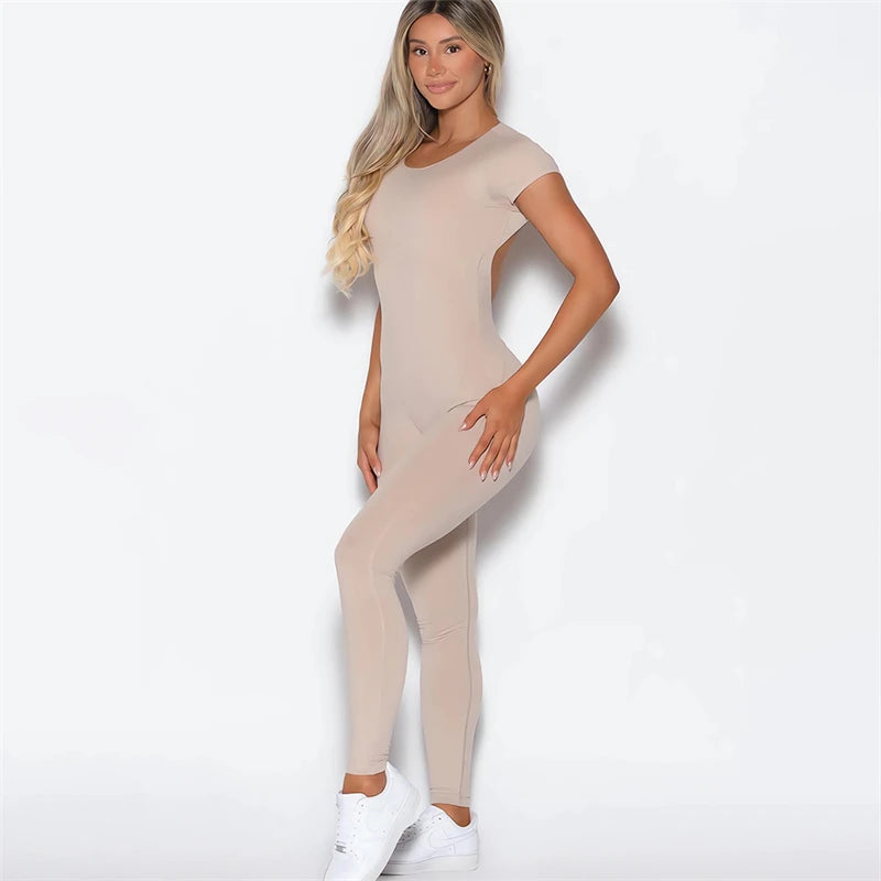 2025 Women Open Back Tee Bodysuit Bum Backless Seamless Gym Wear Short Sleeve One Piece Yoga Set Gym Outfit Overalls Jumpsuit