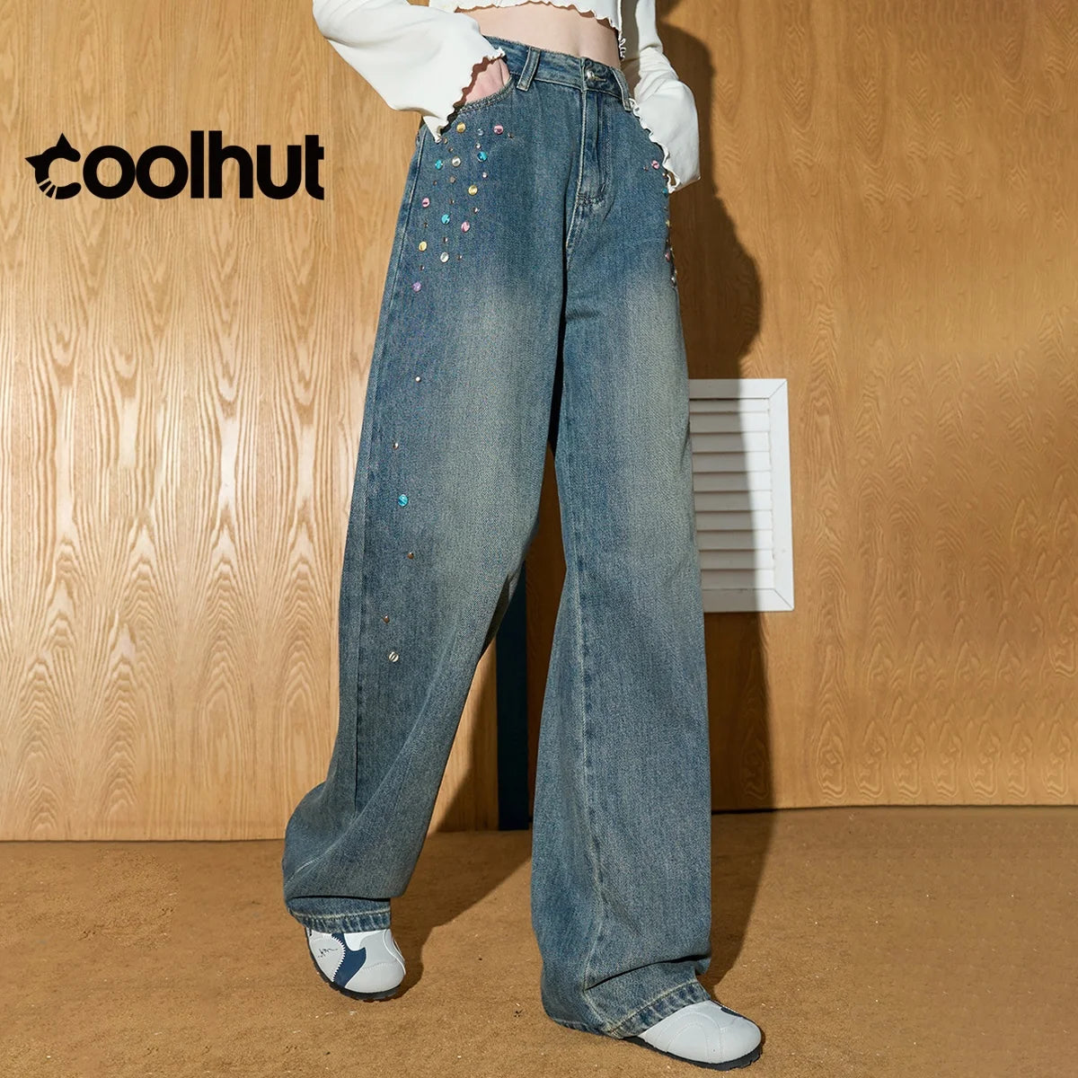 COOLHUT 2025 High Waist Straight Wide Leg Flare Denim Pants Women Vintage Beaded Casual American Style Floor Length Draped Jeans