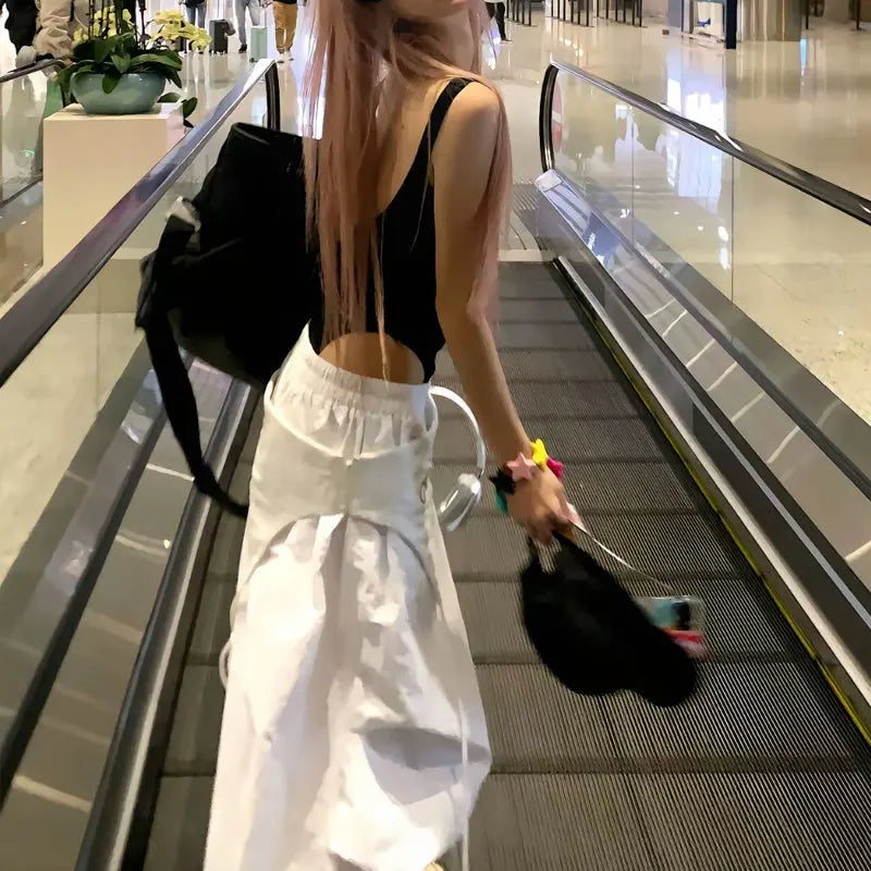 MEXZT Y2K White Cargo Pants Women Streetwear Embroidery Baggy Sweatpants Harajuku Wide Leg Joggers Summer Oversized Trousers New