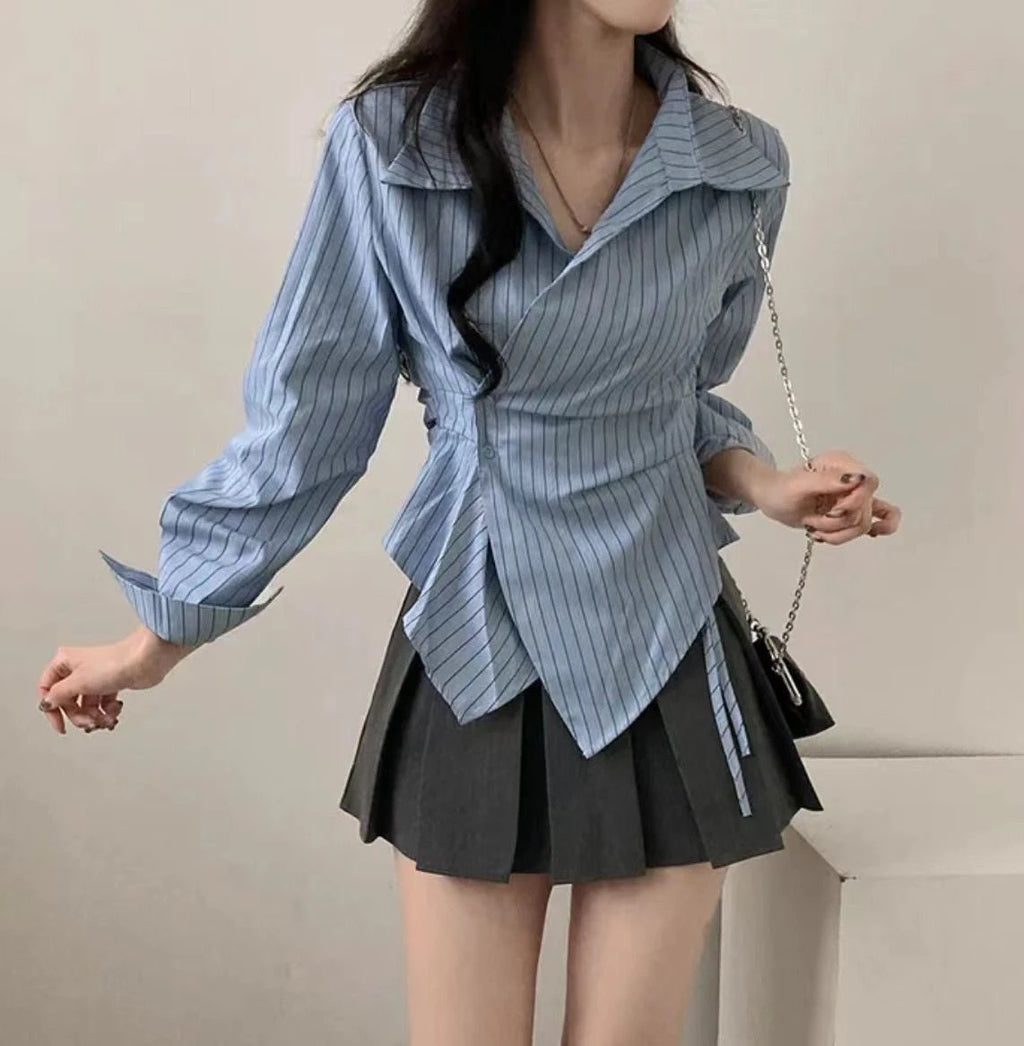 Korean Design Irregular Waist-Cinching Autumn Striped College Sle Long Sve Slimming Top Women's Faion Polyester irt