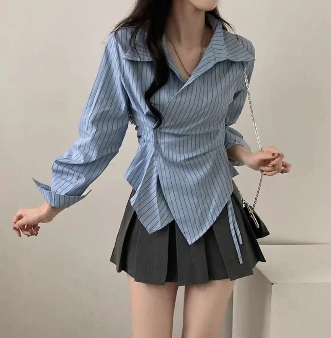 Korean Design Irregular Waist-Cinching Autumn Striped College Sle Long Sve Slimming Top Women's Faion Polyester irt