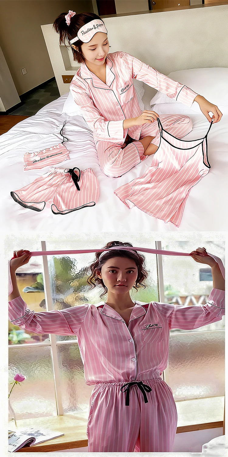 Pajama Sets Woman 7Pcs/Set Pyjamas Sexy Pink Striped Sleepwear Sumptuous Cute Loungewear