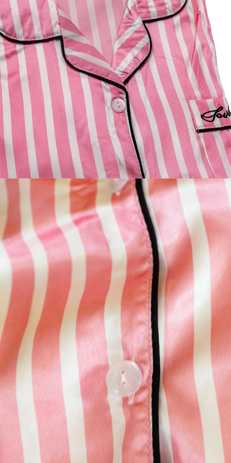 Pajama Sets Woman 7Pcs/Set Pyjamas Sexy Pink Striped Sleepwear Sumptuous Cute Loungewear