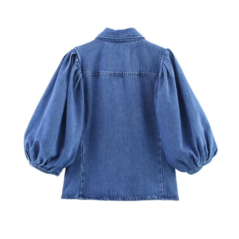 Fashion Casual Denim Shirt High Waist Wide Leg Pants Women's Independent Station Wind Clothing Satin Polyester Fiber AE Stock