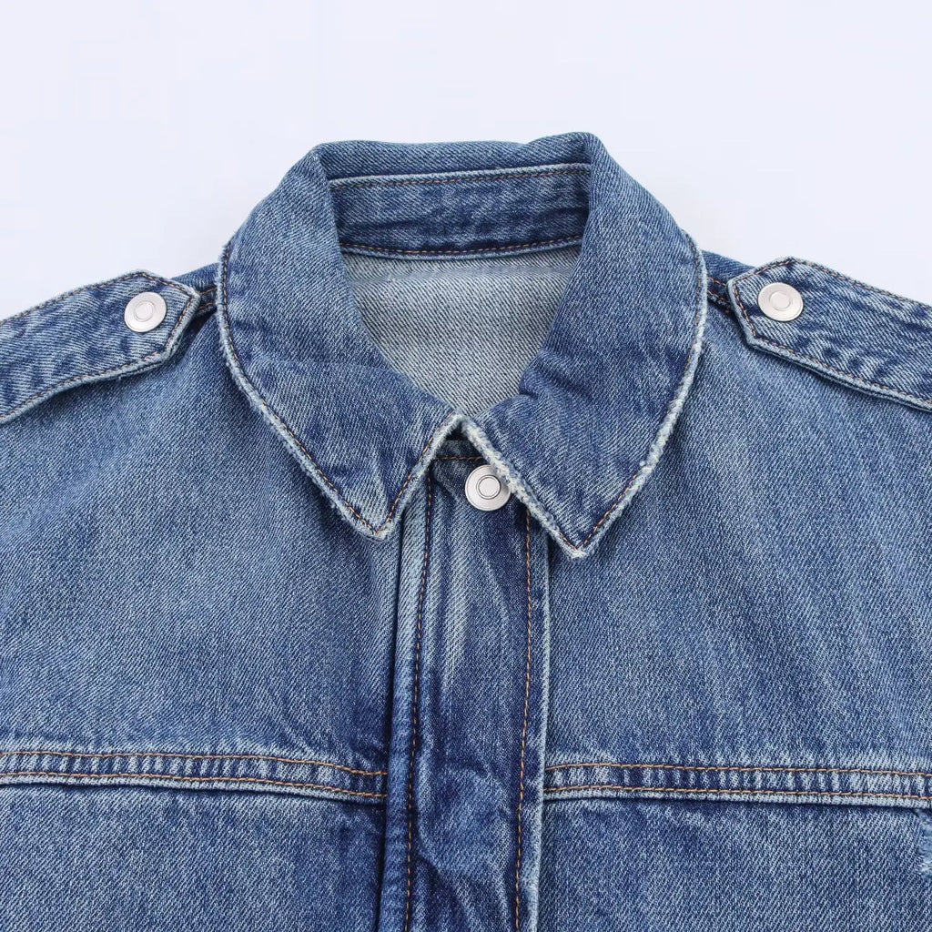 HH Women Denim Pant Sets Long Sleeves Belt Turn-Down Collar Coats+Loose Zipper Pockets High Waist Hemming Autumn Trousers