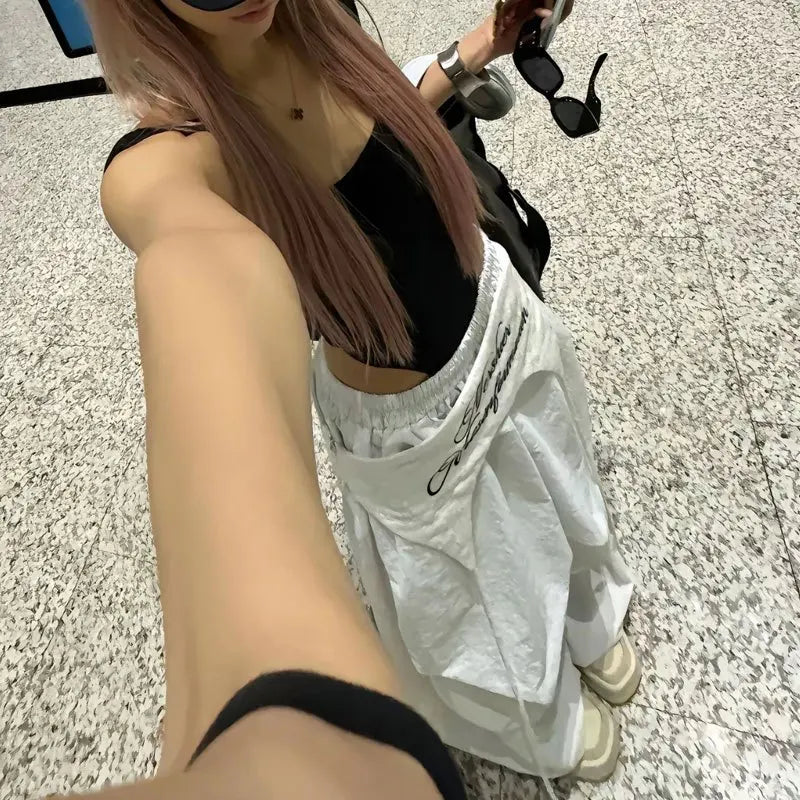 MEXZT Y2K White Cargo Pants Women Streetwear Embroidery Baggy Sweatpants Harajuku Wide Leg Joggers Summer Oversized Trousers New