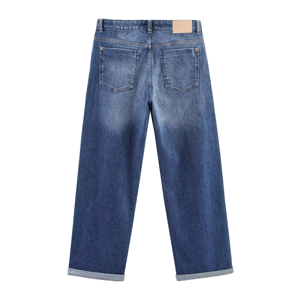 HH Women Denim Pant Sets Long Sleeves Belt Turn-Down Collar Coats+Loose Zipper Pockets High Waist Hemming Autumn Trousers