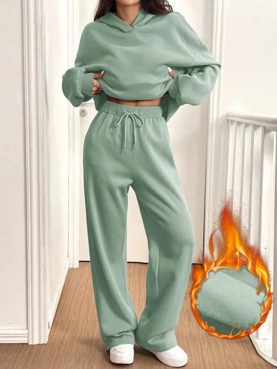 Simplicity Women's Outfits Two Piece Sport Set Long Sleeve Loose Hoodies Lace-up High Waist Straight Pant Sets Solid Tracksuits