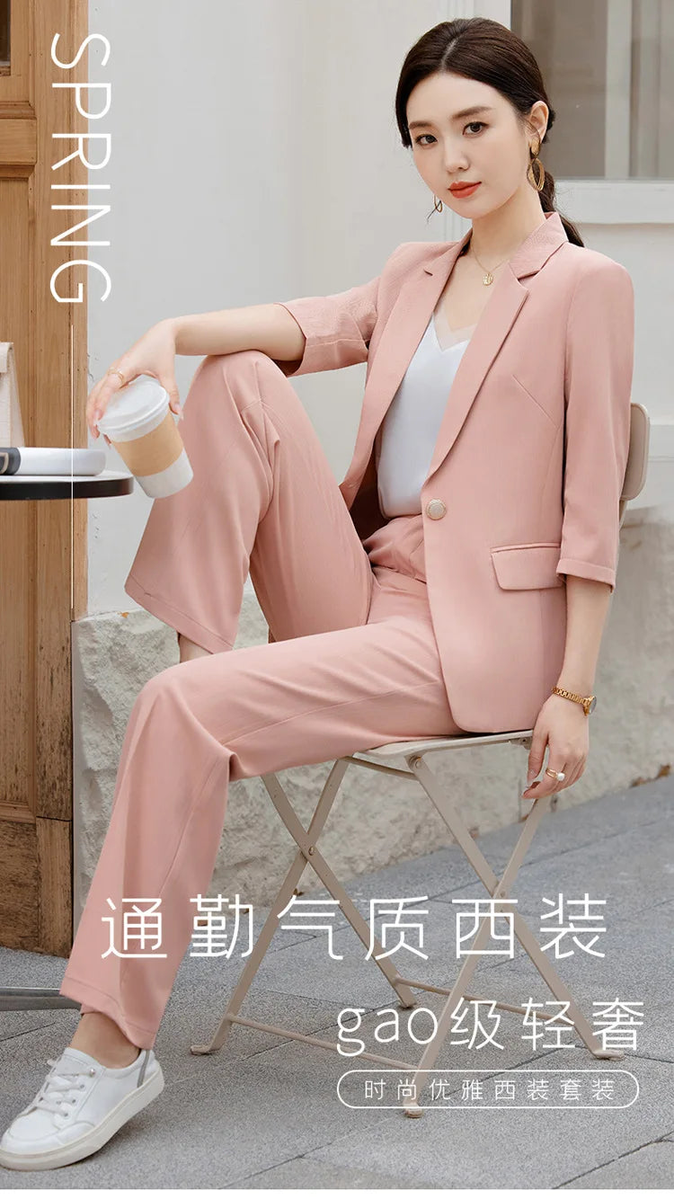 Office Pant Suits for Women Three Quarter Streetwear Casual Two Piece Set 2024 New Spring Summer Single Button Solid Pant Suits